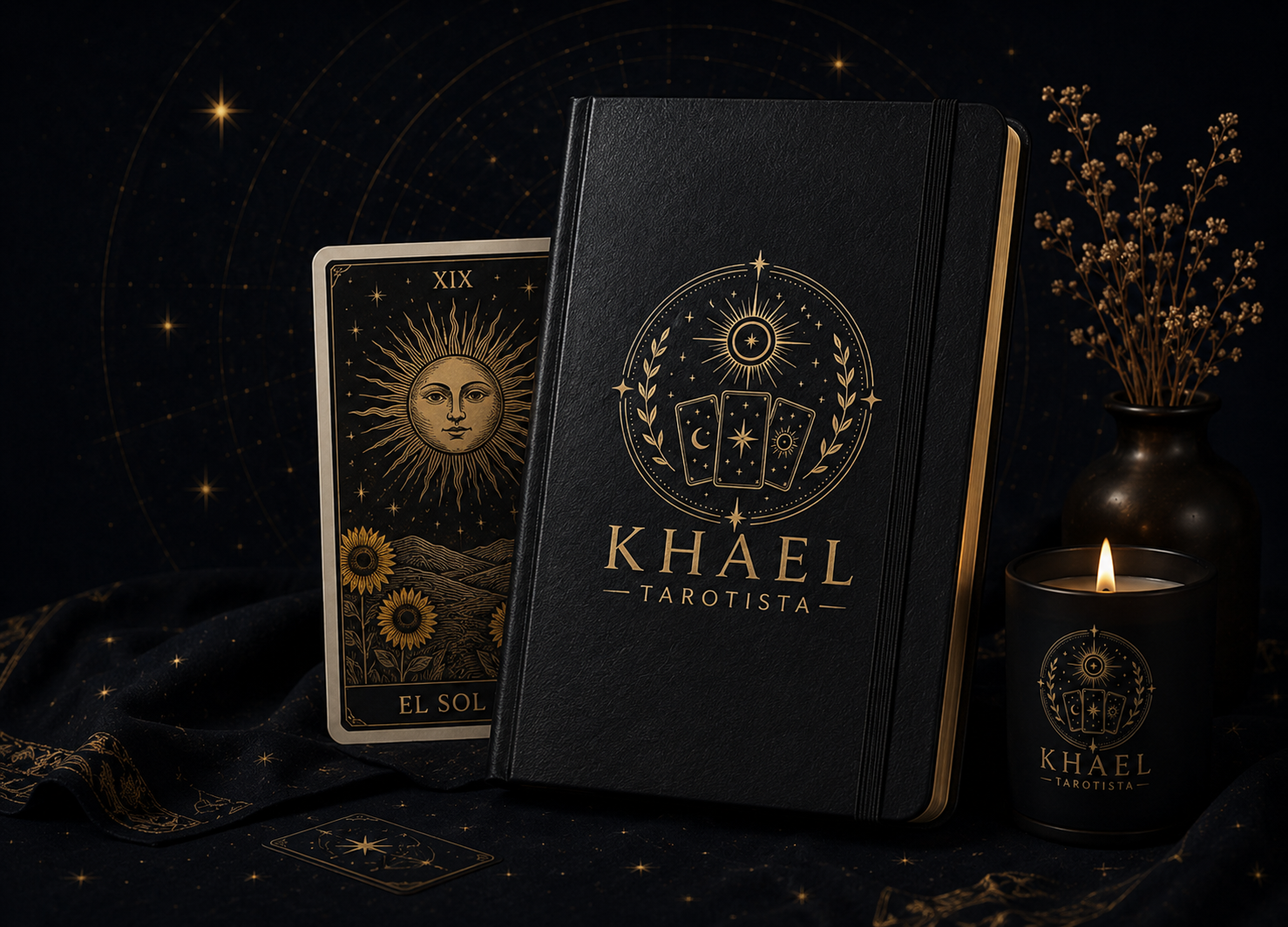Libreta, carta de tarot y vela de Khael Tarotista